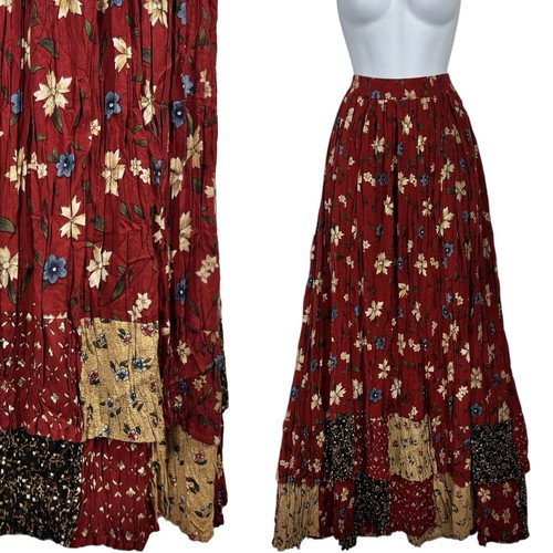 NEW Vintage Sun River Crinkle Pleated Maxi Skirt Size M Floral Patchwork Boho