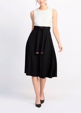 CALVIN KLEIN BLACK/WHITE SLEEVELESS TIE WAIST MIDI A-LINE DRESS SIZE 8 NEW W/TAG