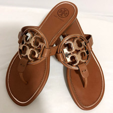 TORY BURCH MILLER BROWN SANDAL FLAT THONG W/SIGNATURE DOUBLE T LOGO SIZE 7 NEW