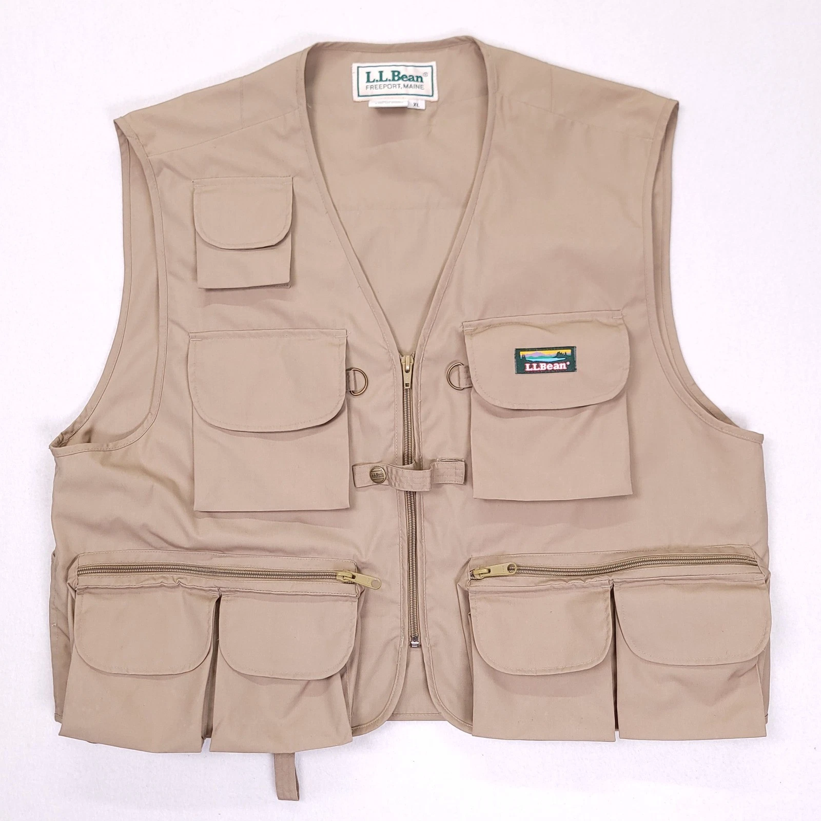 LL Bean Mens XL Khaki Tan Multi Pocket Fly Fishing Utility Safari Vest Vintage