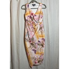 Guess Women Tropical Floral Twist Front V-Neck Sheath Dress Pink Yellow 6 Brunch