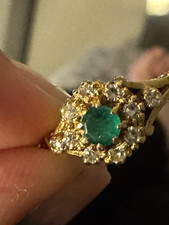 18ct Yellow Gold Emerald & Diamond Halo Cluster Ring, Size K, Hallmarked