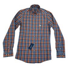 Club Room Mens Slim Fit 4-Way Stretch Plaid Dress Shirt Blue Orange S 14-14.5