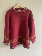 Avoca Collection Wool Sweater Women’s XL Chunky Knit Burgundy Fish Ornaments