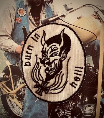 VTG Burn In Hell biker tattoo devil & iron cross motorcycle jacket patch club