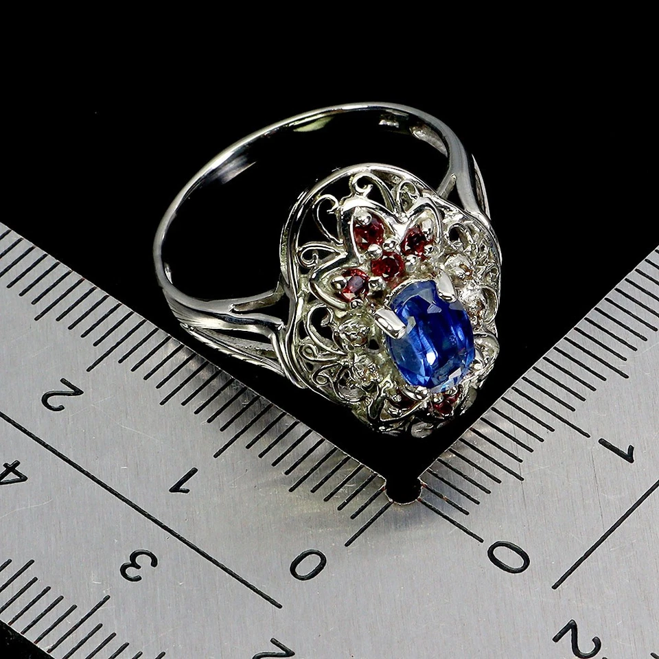 925 Anello Argento Sterling Ovale Cianite 7x5mm Zaffiro Gemma Gioielli Misura 9 - Immagine 3 di 4