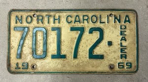 1969 North Carolina DEALER License Plate