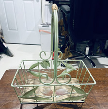 Green Metal Wicker Rectangular Basket w/ Handle, Floral Theme 9x7x10"