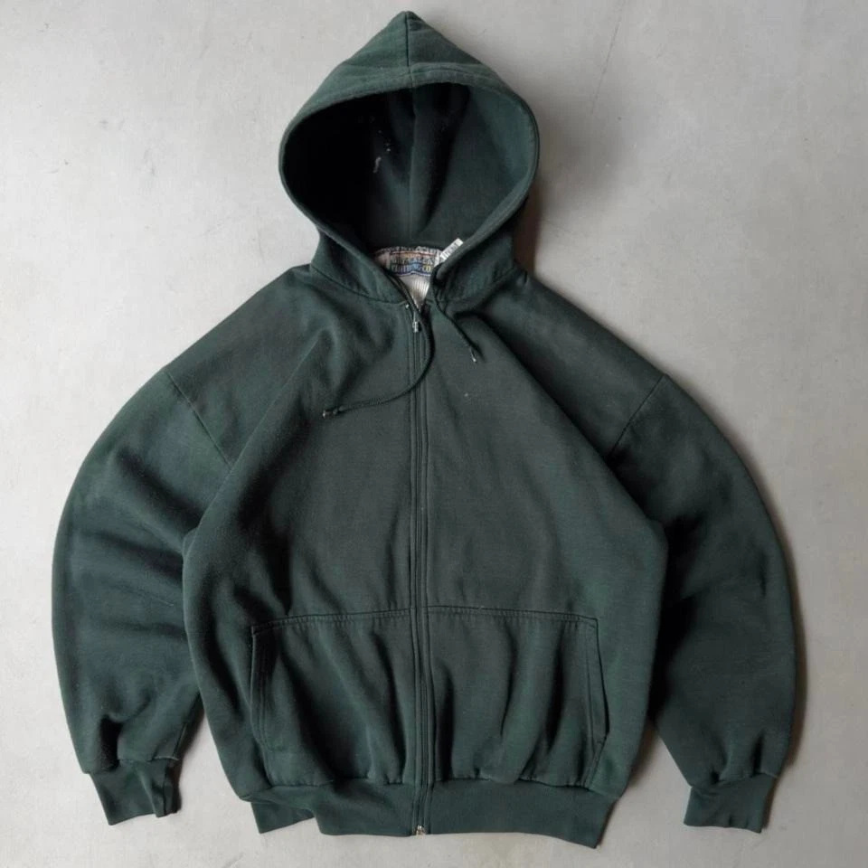 Vintage Thermal Lined Zip Up Hoodie Green Heavyweight Faded Blank Sweatshirt