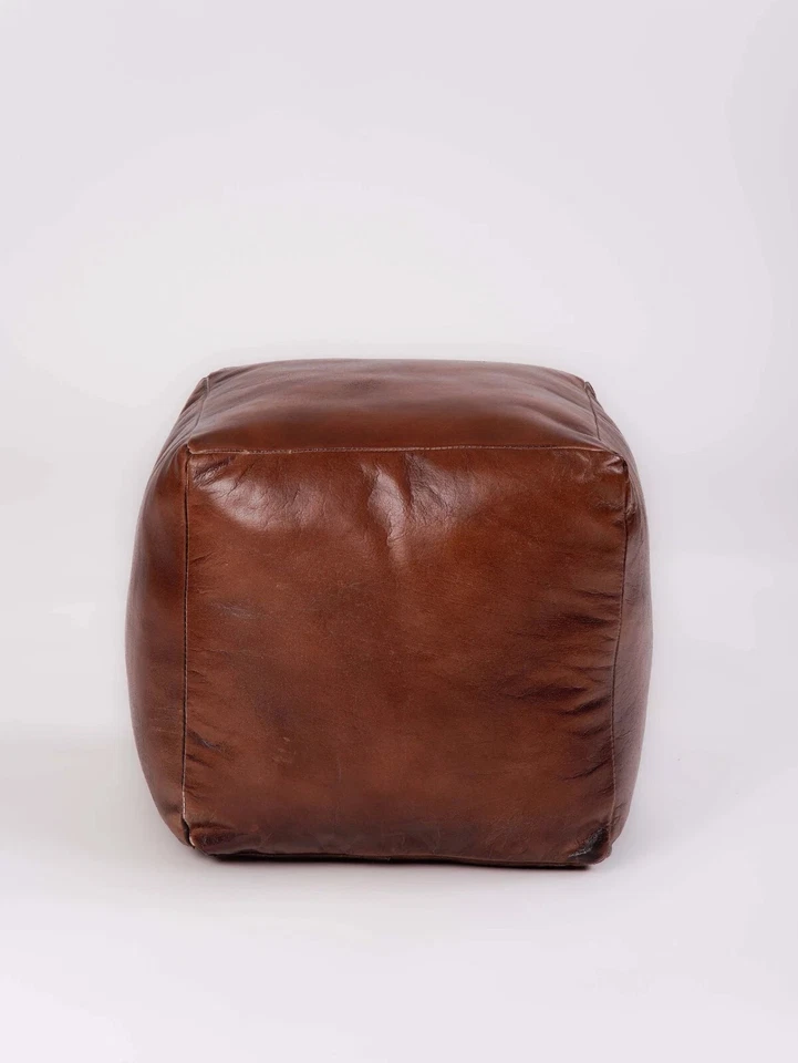 Handmade eco- friendly Square SHAPED STUFFED BUFFALO LEATHER BROWN POUF - Image 3 of 4