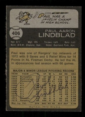 1973 Topps  #406 Paul Lindblad signed autograph  on back , centered, ex EAA1 BXC