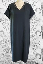 H by Halston Black V-Neck Dress XL | Minimalist Pullover Midi with Mesh Trim