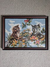Framed Needlepoint Cats on Branch with Flowers