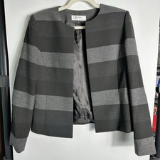 Tahari Arthur S Levine Striped Open Front Blazer Gray Black Womens Size 6 EUC