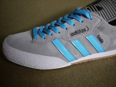 Adidas Samba Super Grey Suede CUSTOM Sky Blue Stripes & Laces BNIBWT | eBay