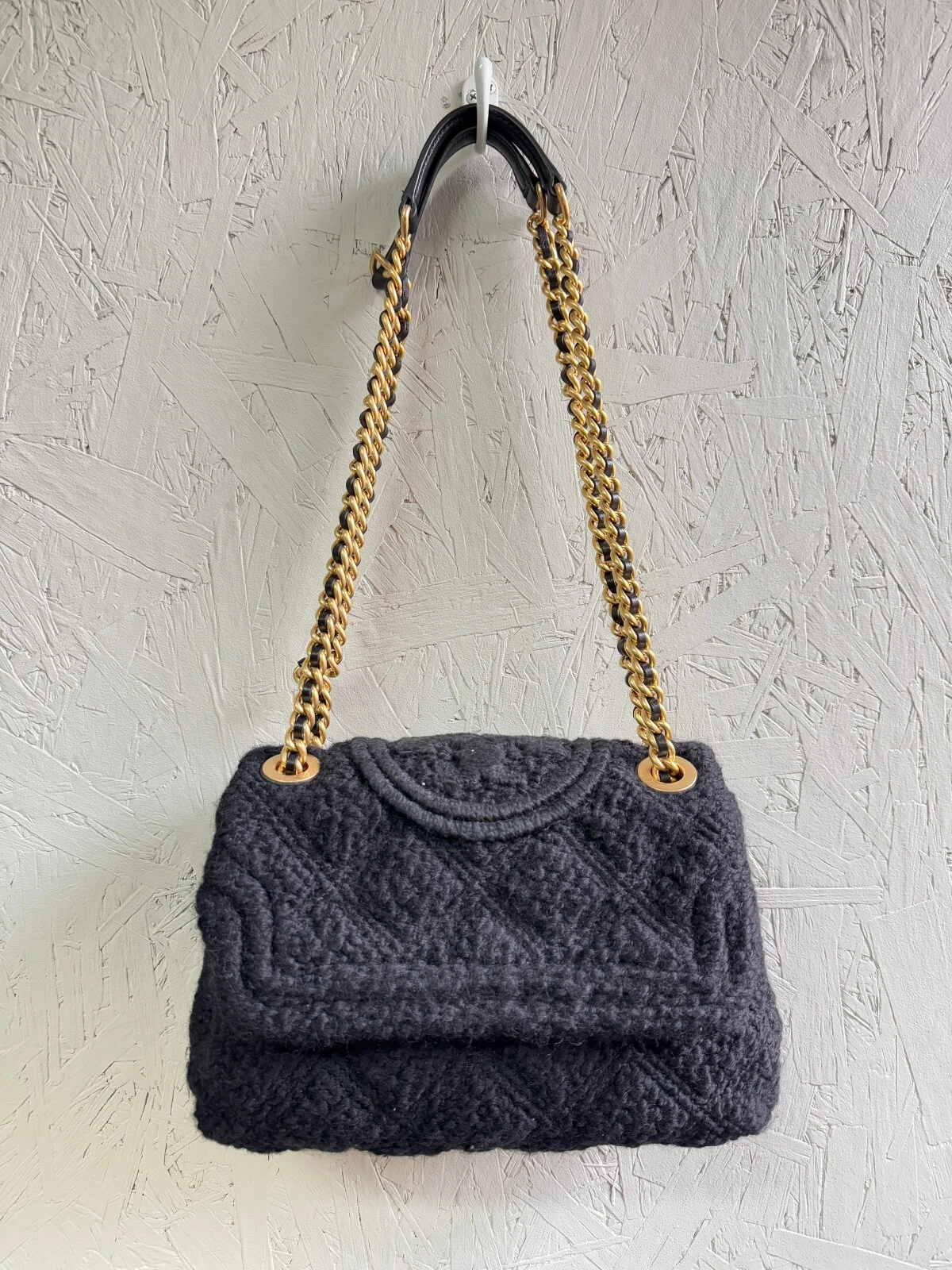 Borsa a tracolla TORY BURCH Fleming morbida tweed bouclé piccola convertibile Nero