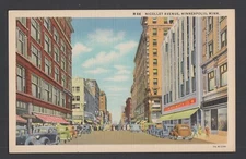border linen postcard - Nicollet Avenue, Minneapolis, Minnesota - old cars