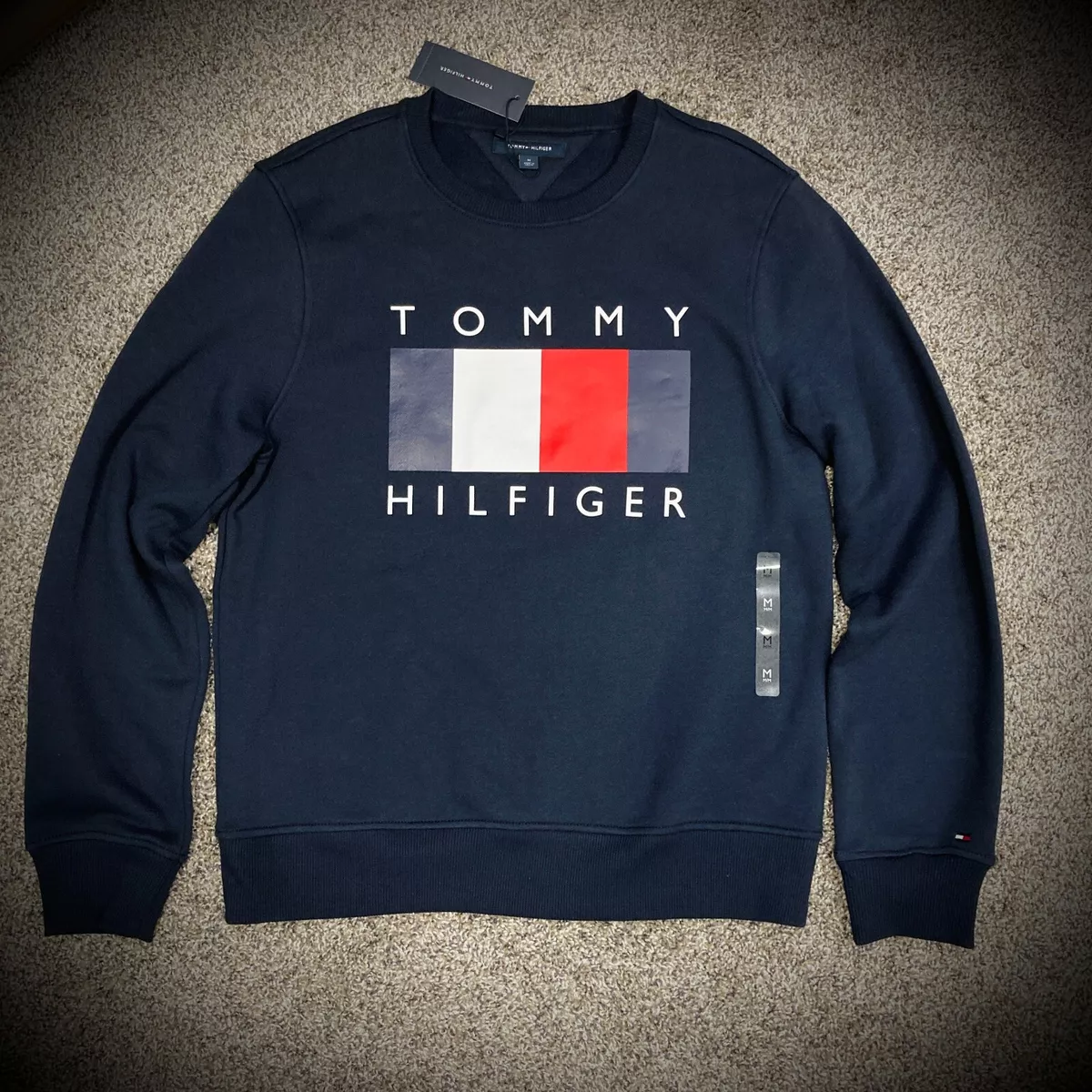 bungee jump deadline Troende $69 TOMMY HILFIGER CREW SWEATSHIRT dark navy blue big logo Men/Unisex ADULT  MED | eBay