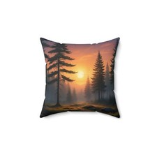 Sunset Evergreen Forest Pillow, Holiday Accent, Nature Decor, Landscape Pillow