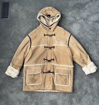 Mens PHAT FARM Heavyweight Hooded Tan Suede Leather Jacket