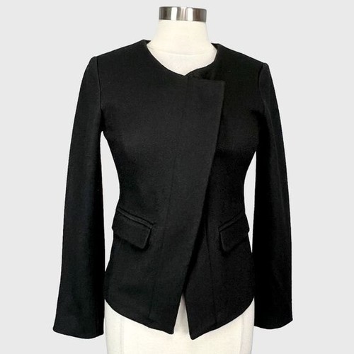 Loft Womens Petite Black Wool Blazer Jacket Asymmetrical Snap Moto size 2P