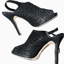 Lauren Lorraine Stiletto Peep Toe Sling Back Glitter Evening Black Heels Women 8