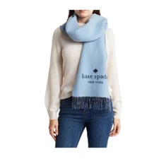 Kate Spade Logo Blue Cashmere Wool Blend Fringe Rectangle Scarf New