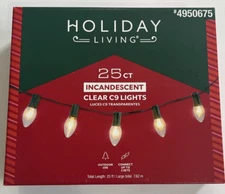 Holiday Living 25Ct Clear Incandescent C9 Lights, 25Ft Length New Christmas