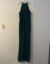 Davids Bridal Cascade with High-Neck Chiffon Bridesmaid Dress Juniper Green 6