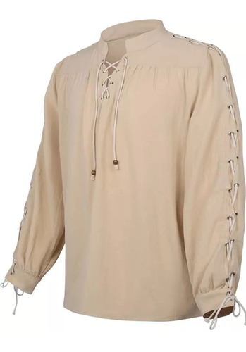 Medieval SHIRT Renaissance Pirate Steampunk Tan Lace Top Halloween XL Men BONUS! - Picture 2 of 6