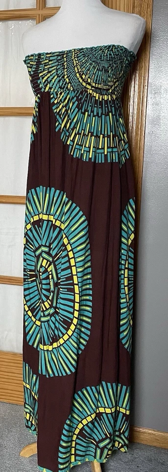 Maxi Vestido Doble Cero Sin Tirantes Talla M Marrón Azul Abstracto Calado Hecho en EE. UU. Foto 2 de 4