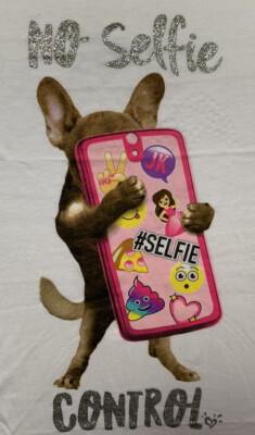 JUSTICE T-SHIRT  NO SELFIE CONTROL  PUPPY /EMOJIS SHIMMERING SUPER CUTE!!