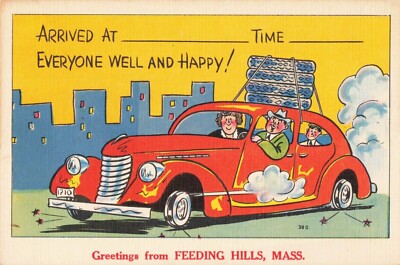 Postcard Comic Car No Tires Greetings From Feed Hills Massachusetts Linen