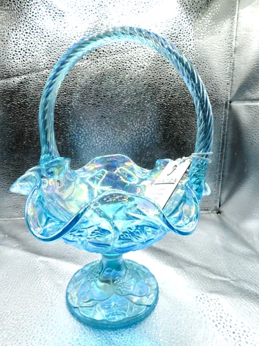 Vintage Fenton Iridescent Light Blue Carnival Water Lily Basket -NEW ! FREE SHIP