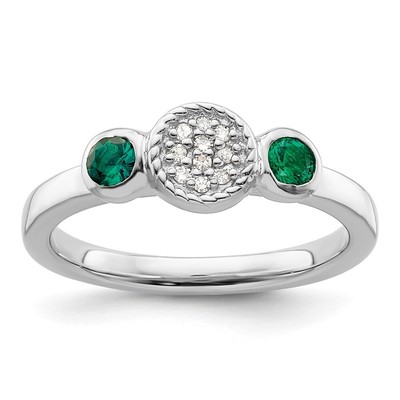 Sterling Silver Stackable Expressions Round Cr. Emerald & Diamond Ring Size 9