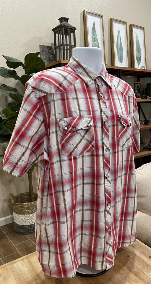 Camisa a Presión Elixir Para Hombres Con Botones Perla Talla XL, Rojo Blanco A Cuadros, 100% Algodón Foto 3 de 4