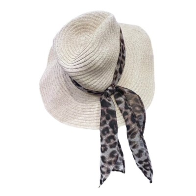 Boho Wide Brim Sun Hat Animal Print Scarf Floppy Hat Beach Pool Vacation Travel