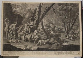 WOLF HUNTING 1731 RIDINGER LARGE UNUSUAL ANTIQUE COPPER ENGRAVED HUNTING PRINT