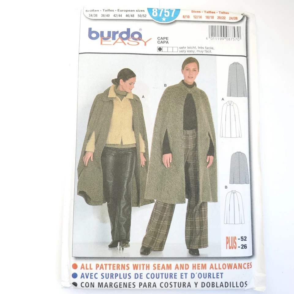 Capa de mujer Burda Pattern 8757 años 90 hasta la rodilla agujeros de brazo 8-26 Foto 2 de 3