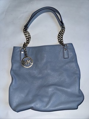Michael Kors Light Blue Shoulder Bag Gold Chain Strap Logo Charm Designer Pebble