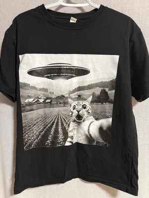 PRO DADA Men's Black Graphic Cat UFO Crew Neck Short Sleeve T-Shirt Size M