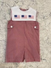 Boys Three Sisters Red Gingham Romper outfit 1 Pc Sailor Collar Flags Size 4 T
