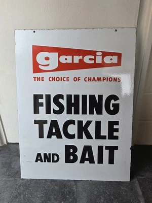 Rare ancienne enseigne publicitaire émaillée Garcia Mitchell Abu matériel de pêche et appât - Photo 1/4