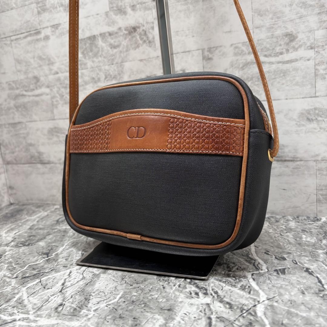 Vintage Christian Dior Black Leather & Canvas Crossbody Bag 13.5x18cm