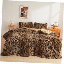 Cheetah Print Fluffy Faux Fur Duvet Cover Set, 3 Queen Cheetah Print Brown