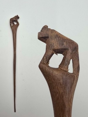 Vintage Hand Carved Wooden Hair Stick Monkey Hair Pin Folk Art