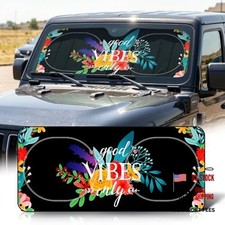 63"x28.5" Car Windshield Sun Shade with Storage Pouch, Stylish Good Vibes