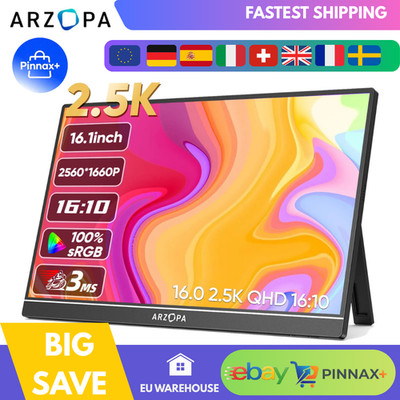 ARZOPA 16'' 2K Tragbarer Monitor IPS USB-C Mini HDMI Display für Laptop Mac PC