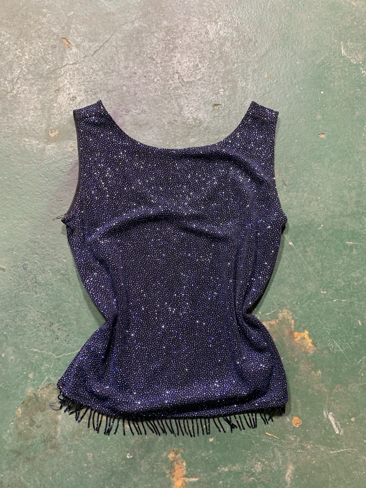 90s Sparkly Beaded Hyphen Navy Sequin Fringe Sleeveless Women's Tank Top Size L