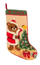Vintage Christmas Stocking Hand Crafted Cross Stitch Wool Teddy Bear Velvet Ryan
